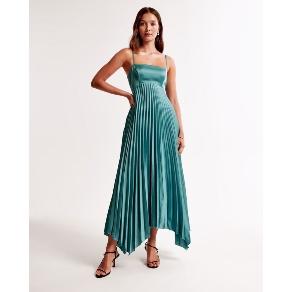Abercrombie & Fitch Giselle Pleated Midi Dress Teal Blue Satin Open Back Small